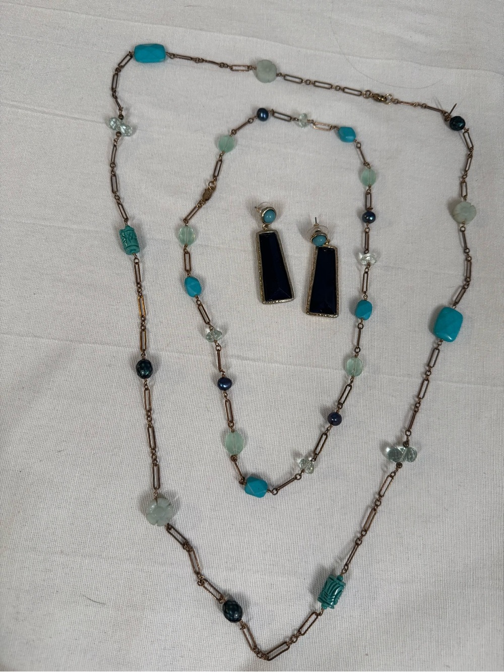 Turquoise and Navy Beaded Necklace & Earring Set - Women Jewelry